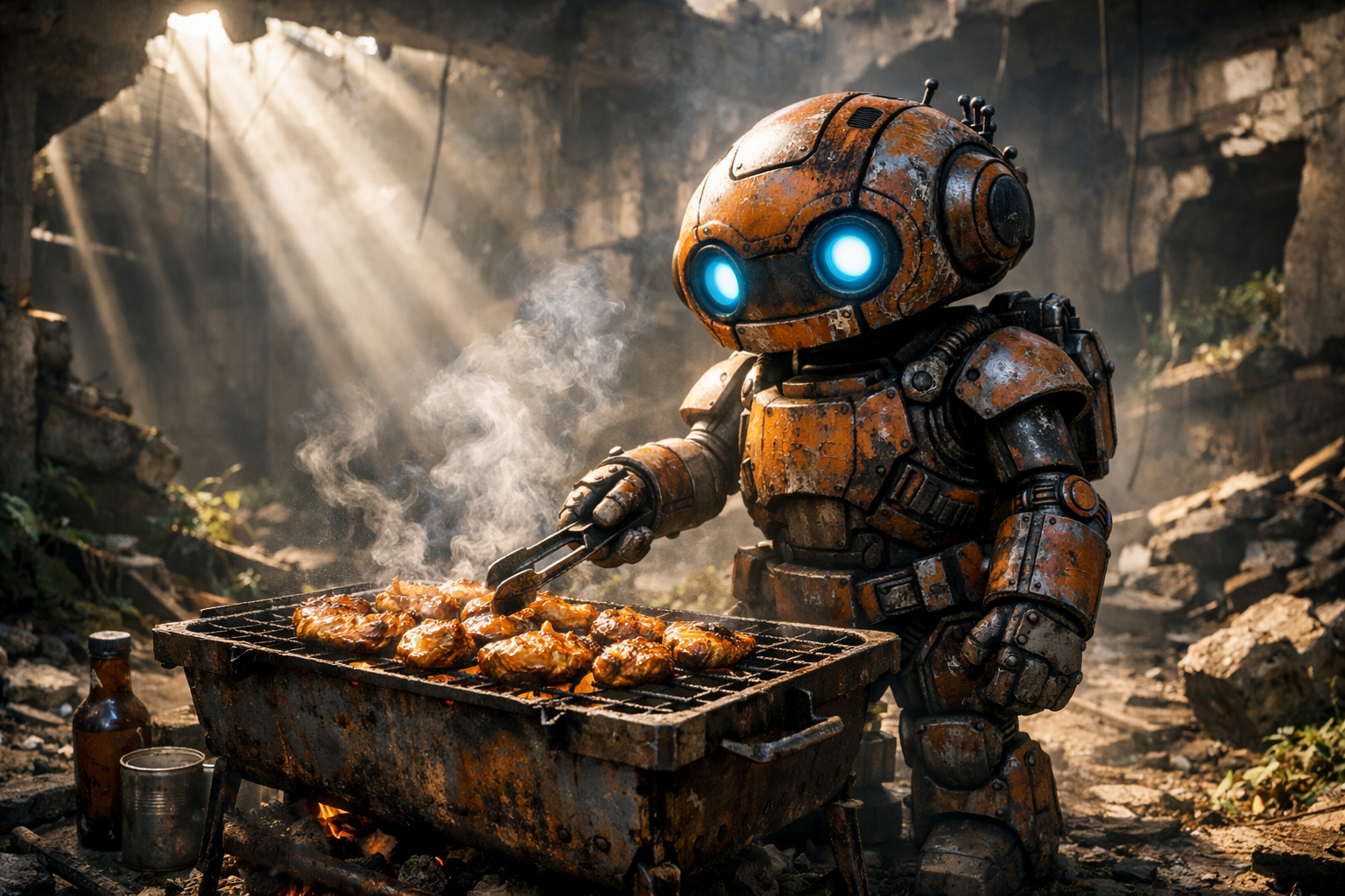 Rusty orange robot grilling chicken over coals in a rugged outdoor setting with smoky atmosphere