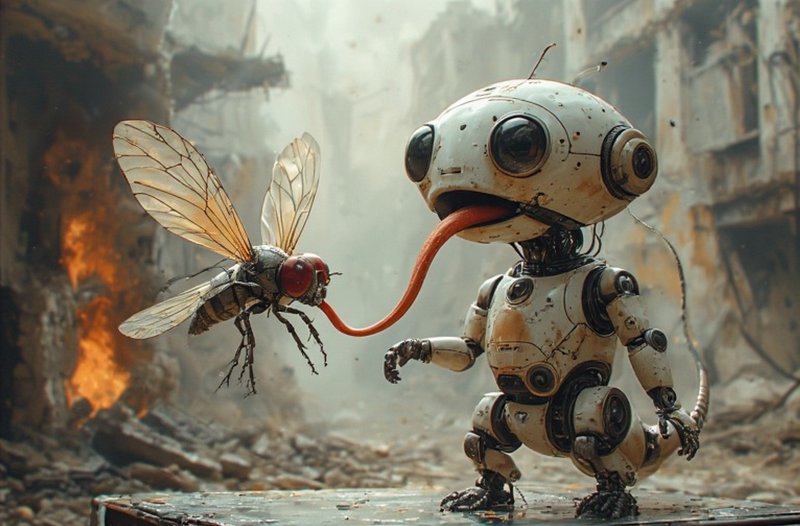 A small rusty robot pets a large insect with a red tongue in a ruined, fiery urban landscape.
