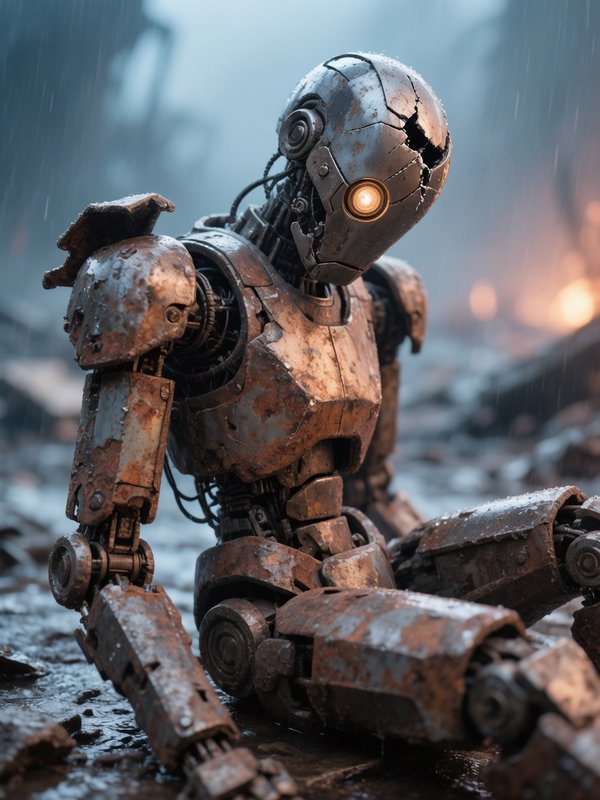 Weathered rusted humanoid robot sitting in rubble during rain with glowing eye.