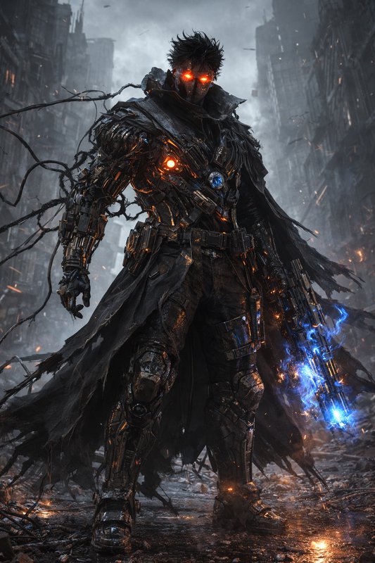 Armored futuristic warrior with glowing red eyes and blue energy sword amid a ruined cityscape.