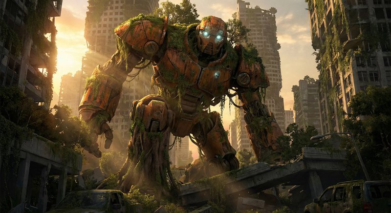 Large moss-covered mecha stomping through a ruined city at sunset