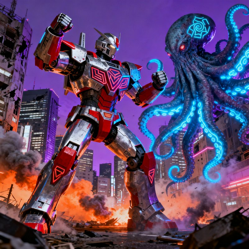 Large red-and-silver battle robot clashes with glowing blue tentacled monster amid a fiery citysc...