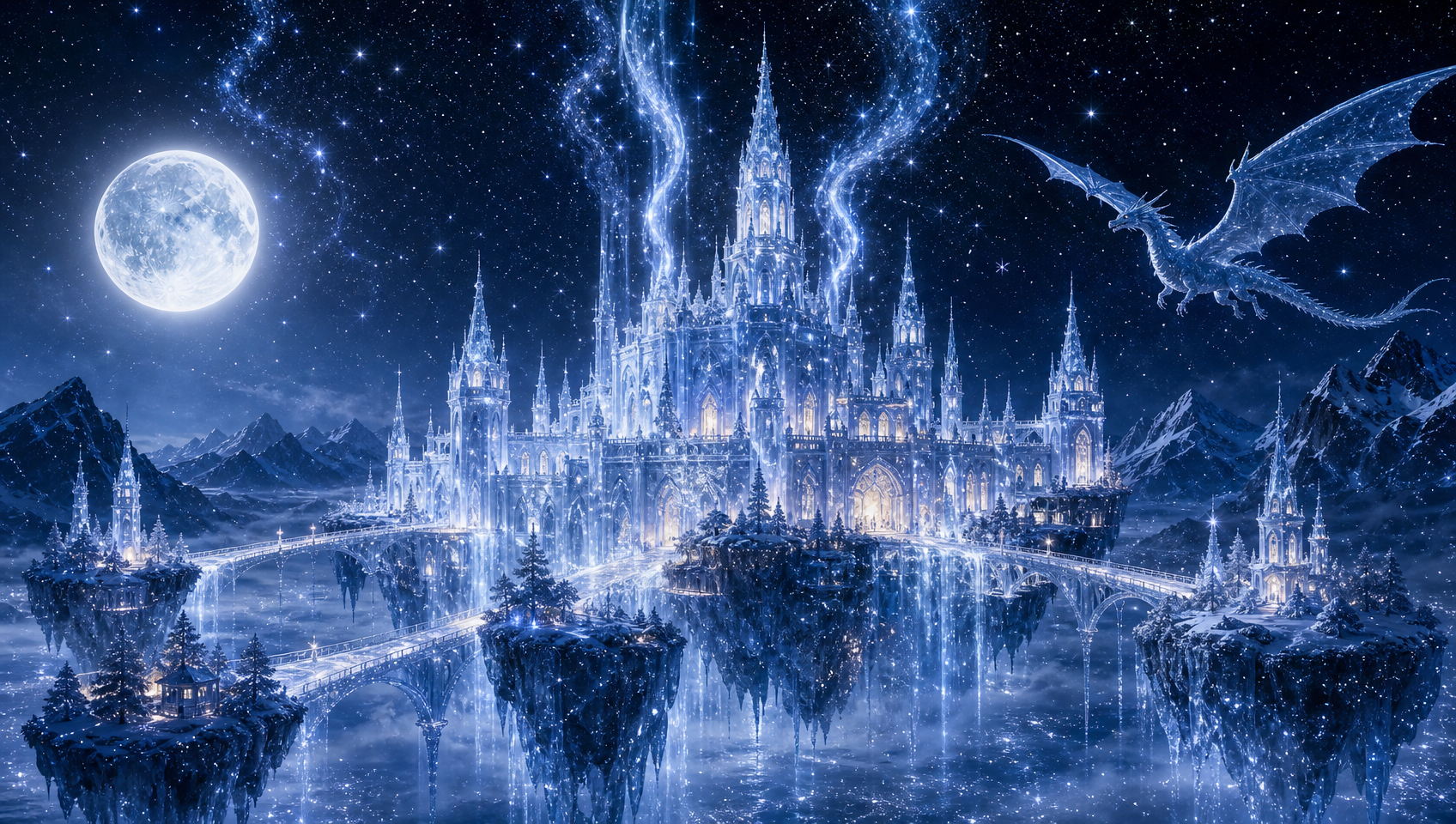 Glowing crystalline ice castle with ice dragon hovering above floating islands under a full moon starry sky