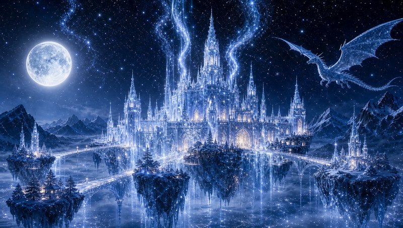 Glowing crystalline ice castle with ice dragon hovering above floating islands under a full moon ...