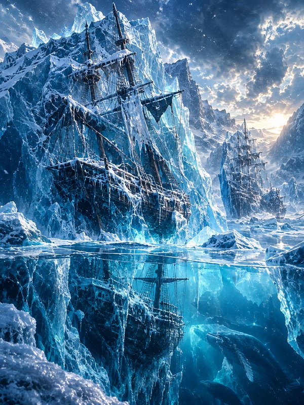 Frozen historic sailing ships encased in blue glacial ice, with underwater reflections and arctic...
