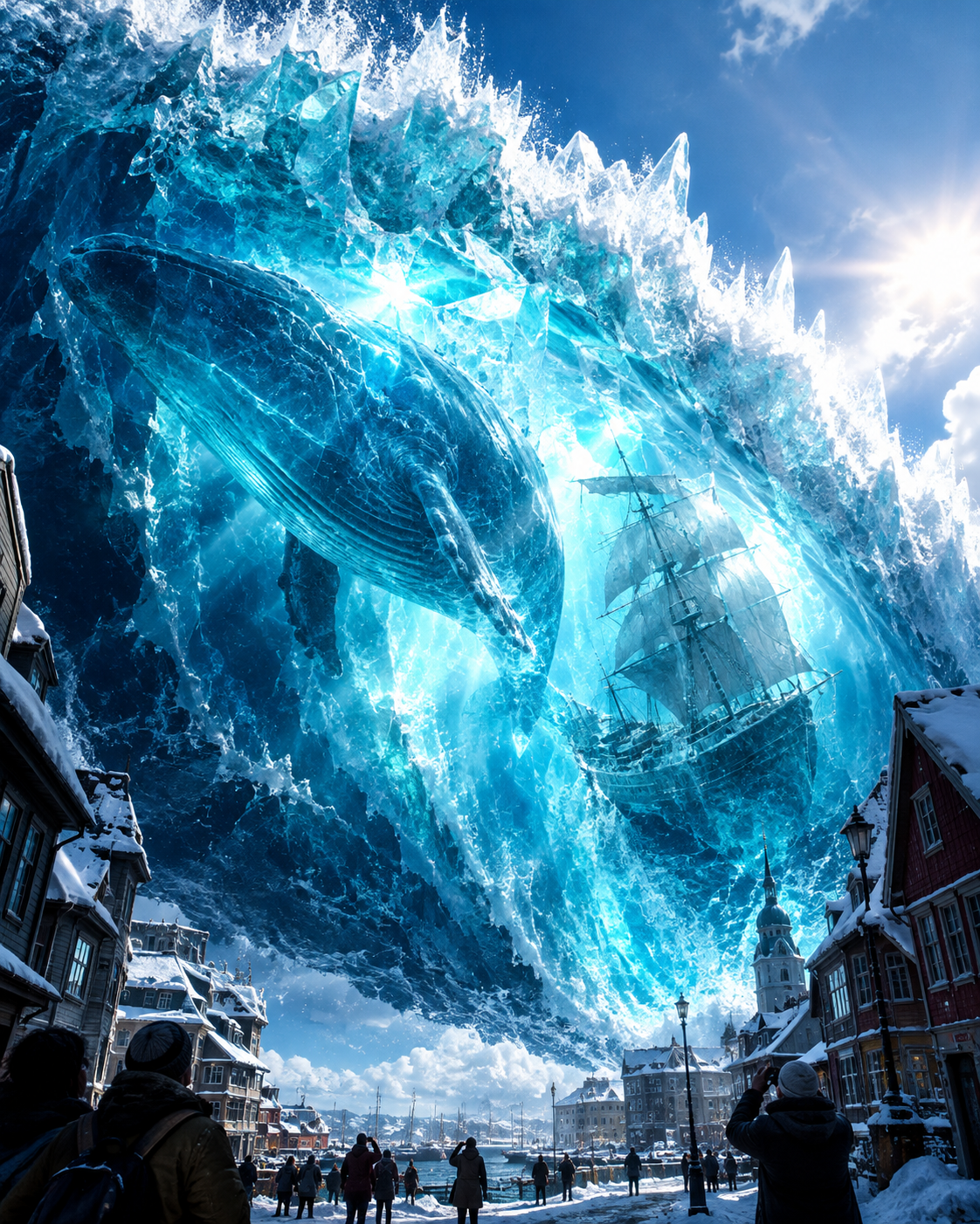 Giant translucent ice wave holding a whale and sailing ship looms over a snowy coastal town