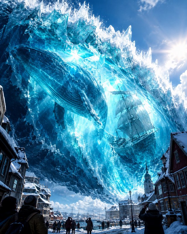 Giant translucent ice wave holding a whale and sailing ship looms over a snowy coastal town