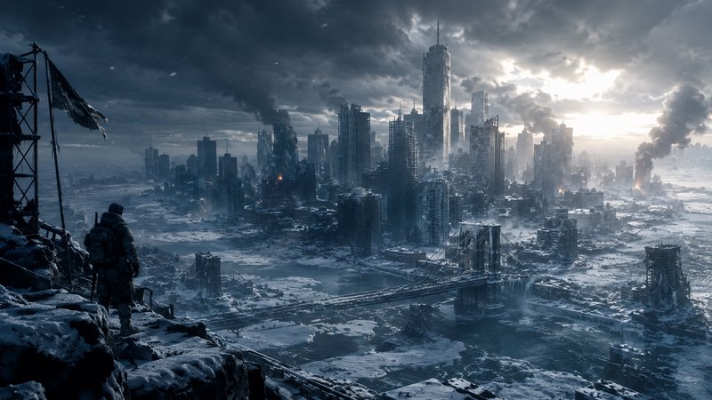 Lone armed survivor stands on a snowy ledge overlooking a frozen ruined post-apocalyptic city sky...
