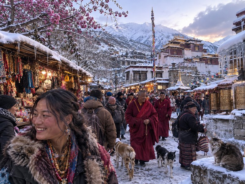 Smiling Tibetan woman at a snowy Himalayan market with monks, prayer wheels and a hillside monast...