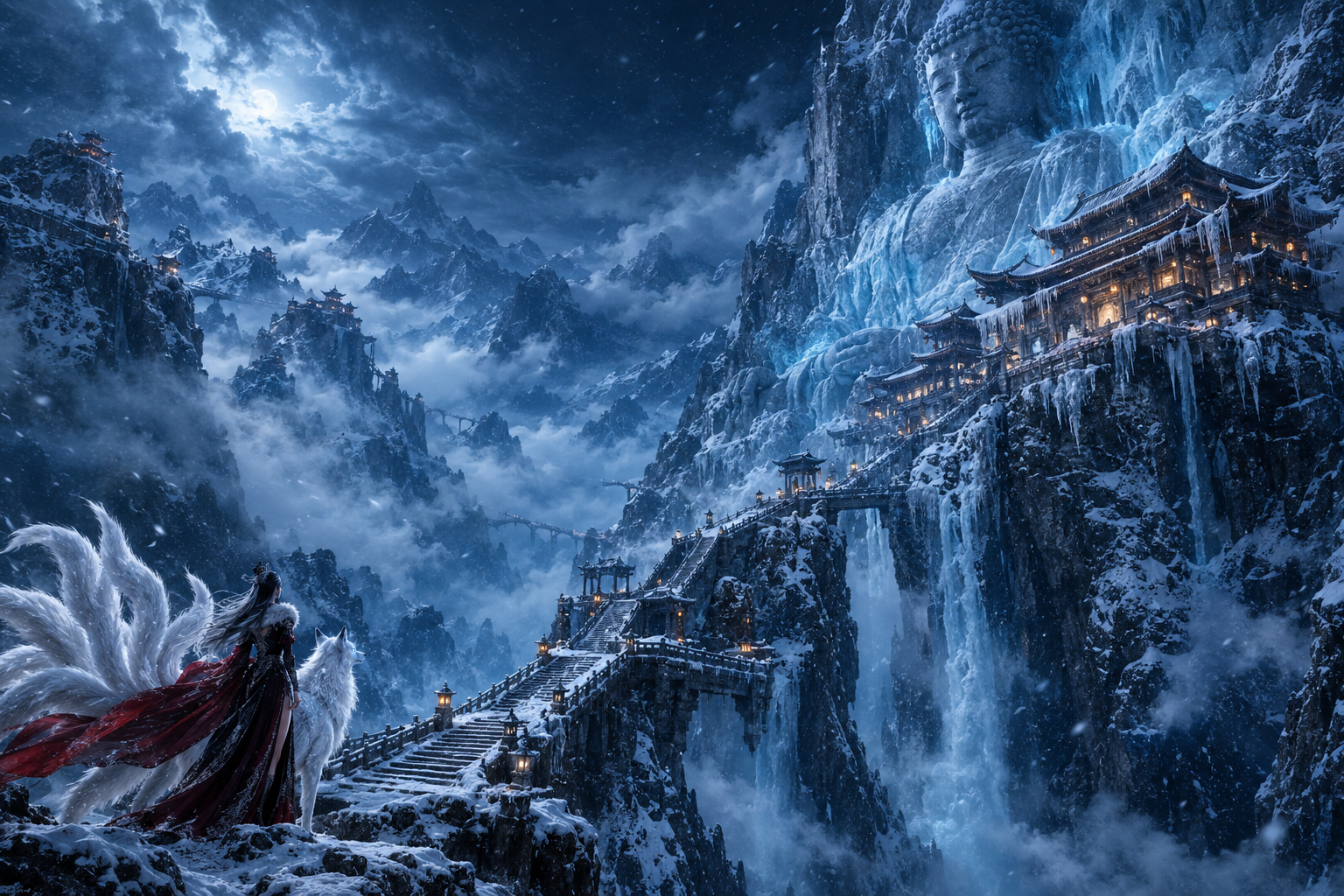 Nine-tailed fox spirit and white wolf overlook a glowing cliffside temple next to a giant icy Buddha under snowy moonlit
