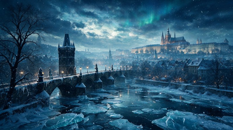 Northern lights glow over snow-covered Charles Bridge and Prague Castle on a frozen winter night