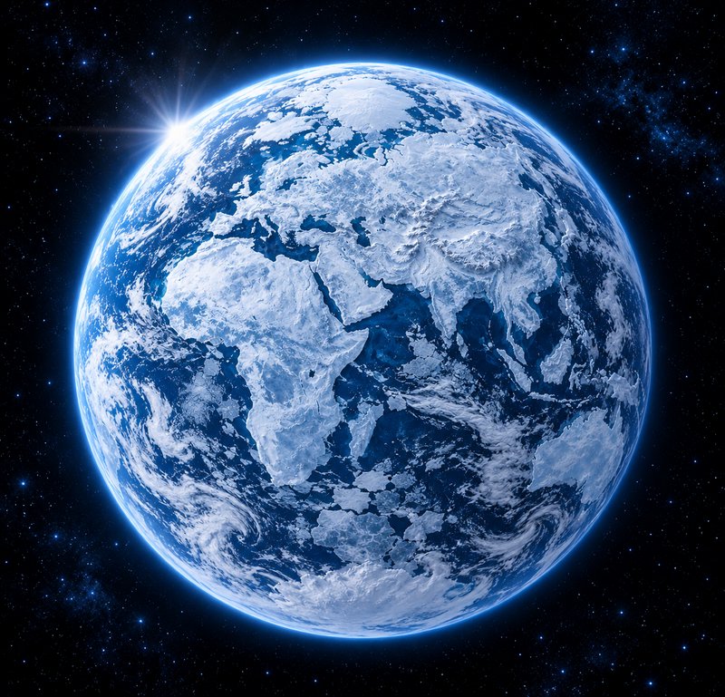 Frozen ice-covered Earth floating in starry space, with a sun flare peeking over its glowing blue...