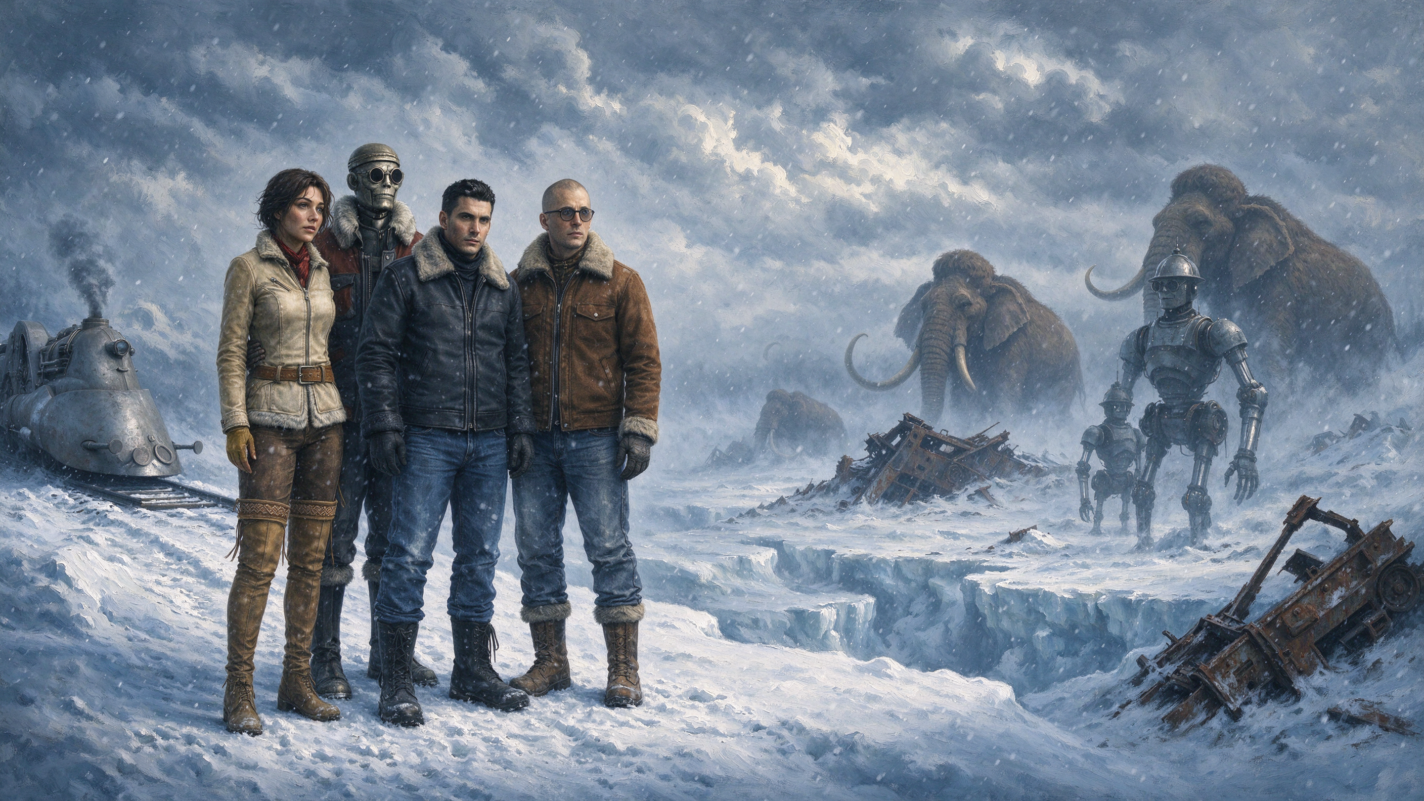 Steampunk expedition team stands in a snowy arctic landscape alongside robots and woolly mammoths