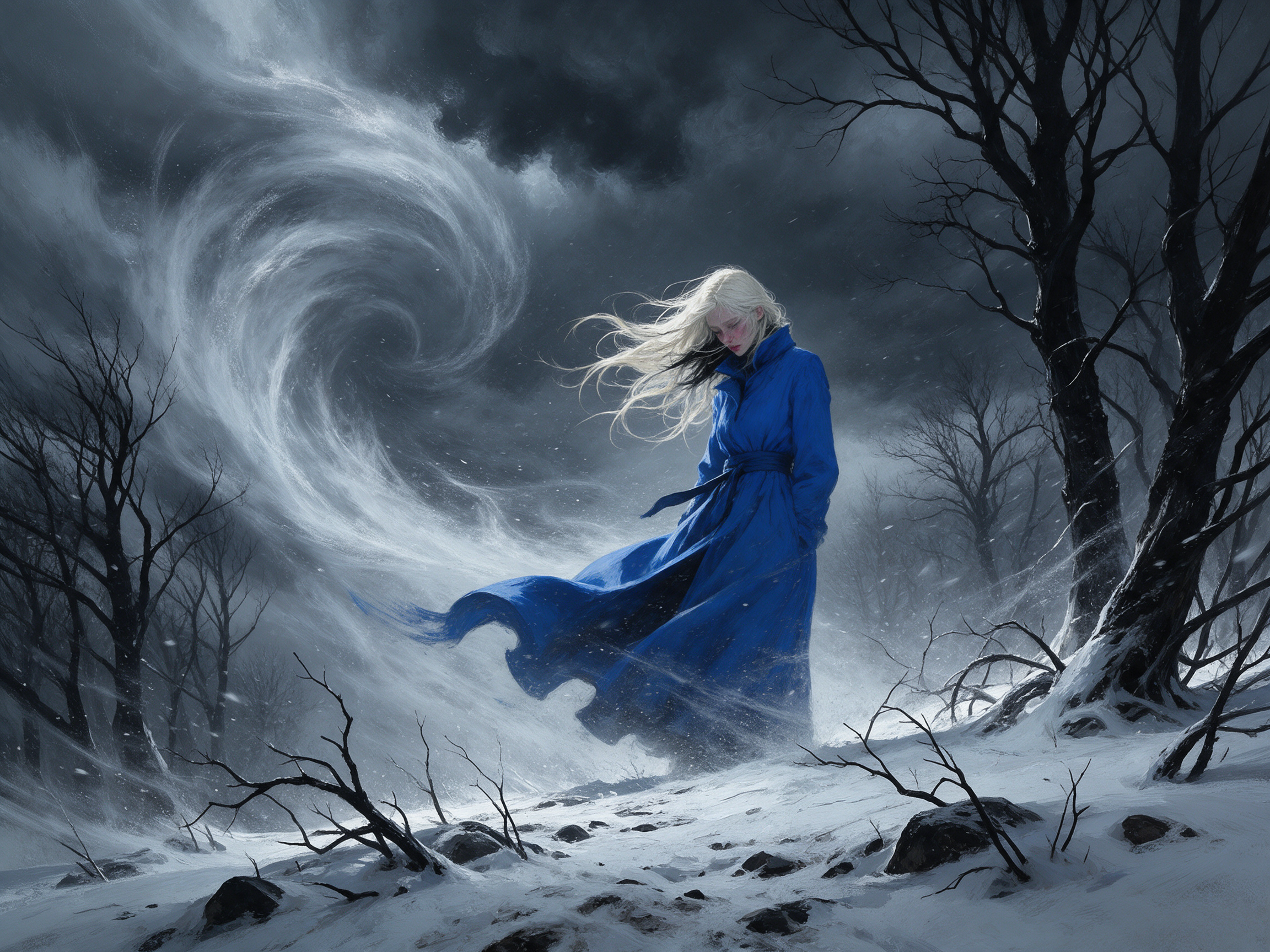 Platinum blonde woman in a flowing blue coat stands beside a swirling snow vortex in a frozen winter forest
