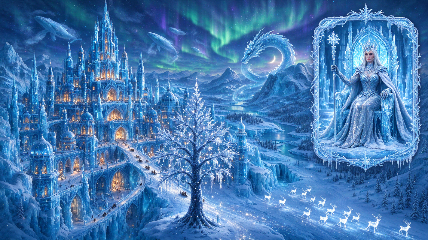 Regal ice queen sits beside an elaborate glowing frozen castle under swirling northern lights