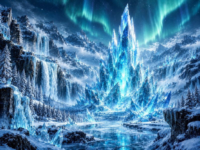 Glowing blue crystal ice castle sits in a snowy mountain valley under swirling aurora borealis