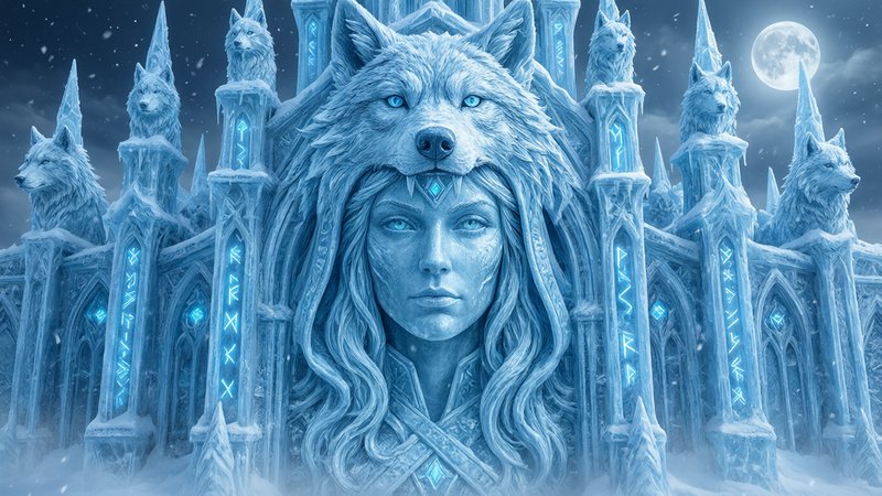 Ice goddess with wolf headdress stands before a glowing rune-carved ice palace under a full winte...