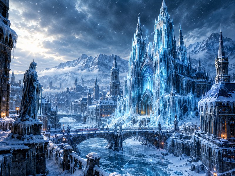 Glowing blue ice cathedral overlooks a frozen snow-covered fantasy mountain city during gentle sn...