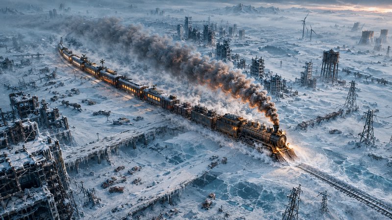 Steam train billowing smoke travels across a frozen snow-covered post-apocalyptic ruined city at ...