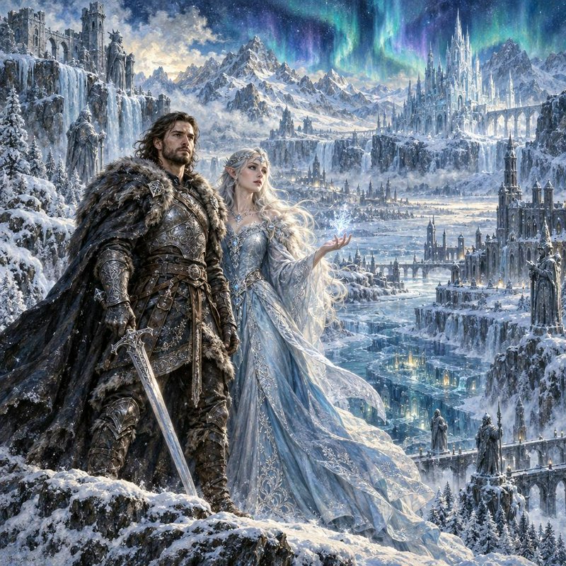 Armored warrior and elven ice queen stand overlooking a frozen fantasy kingdom under northern lights