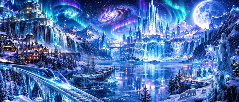 Glowing ice castle fantasy winter landscape with aurora borealis, futuristic train, and polar bea...