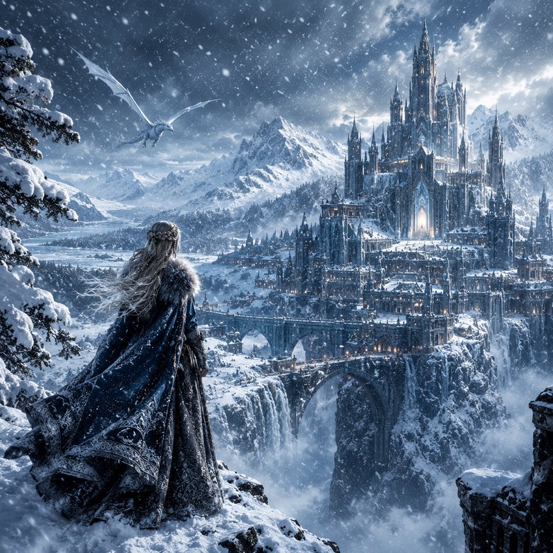 Regal ice queen stands on a snowy cliff overlooking a grand frozen castle as a white dragon flies...