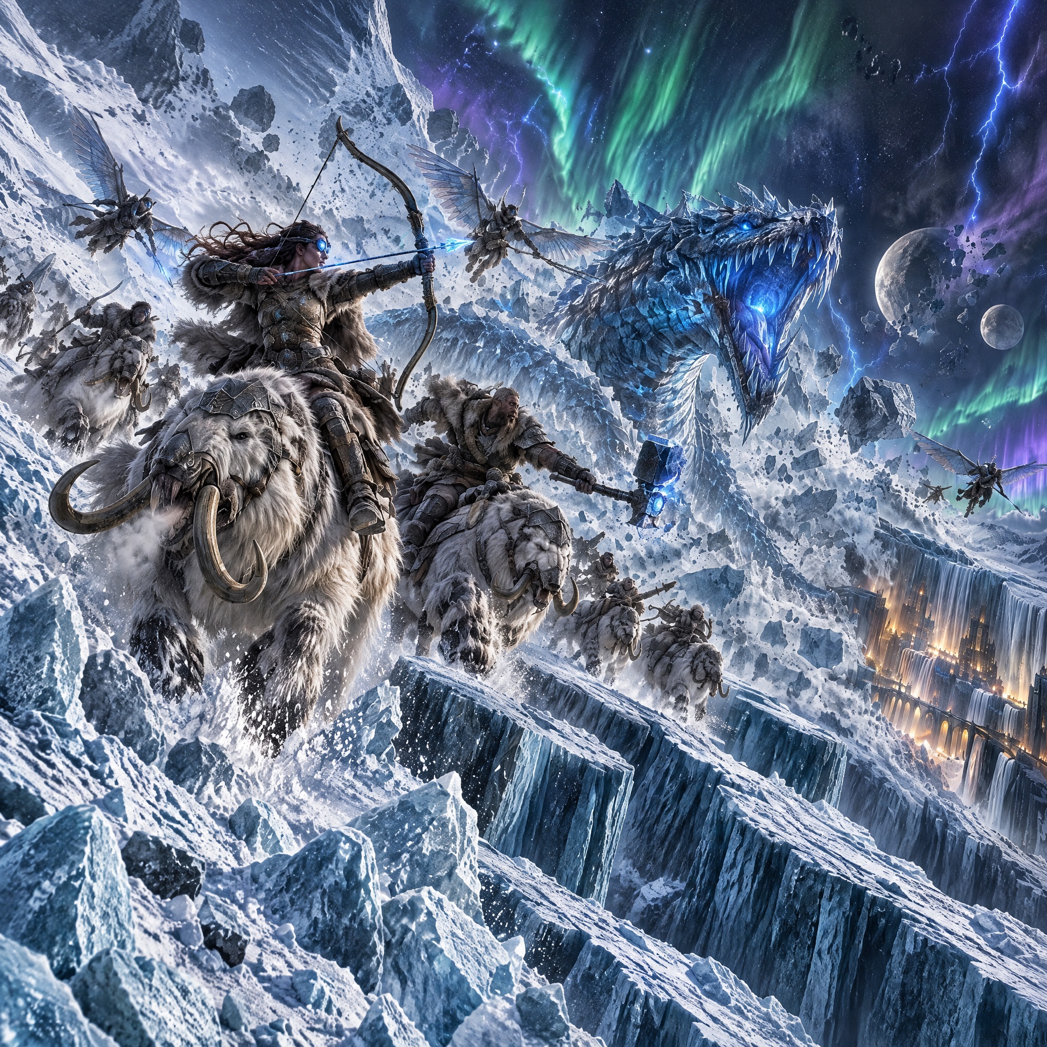 Viking warriors mounted on woolly mammoths charge a giant ice dragon across a glacial mountain battlefield under northern