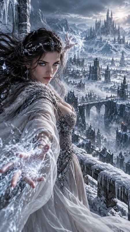 Powerful ice witch casting frost magic overlooks a snow-covered fantasy mountain kingdom