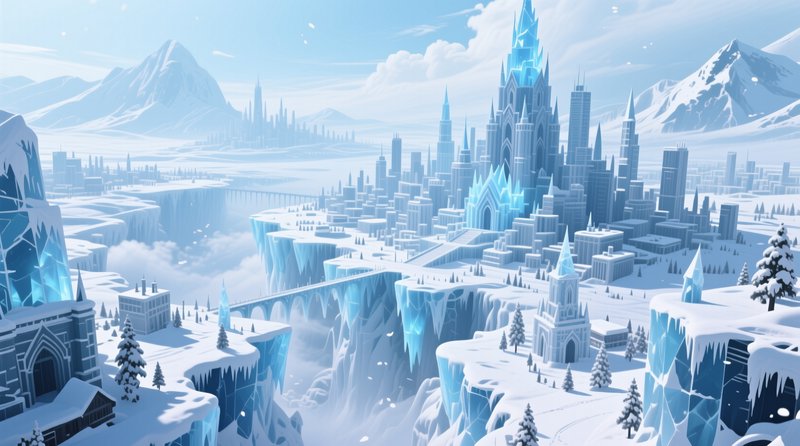 Sprawling glowing ice fantasy city perched on frozen cliff plateaus above snow covered mountain r...