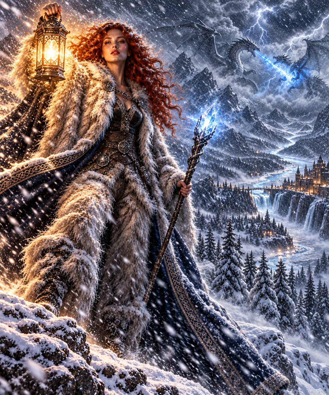Red haired winter sorceress stands on a snowy cliff holding a glowing lantern and ice staff as dragons fight overhead