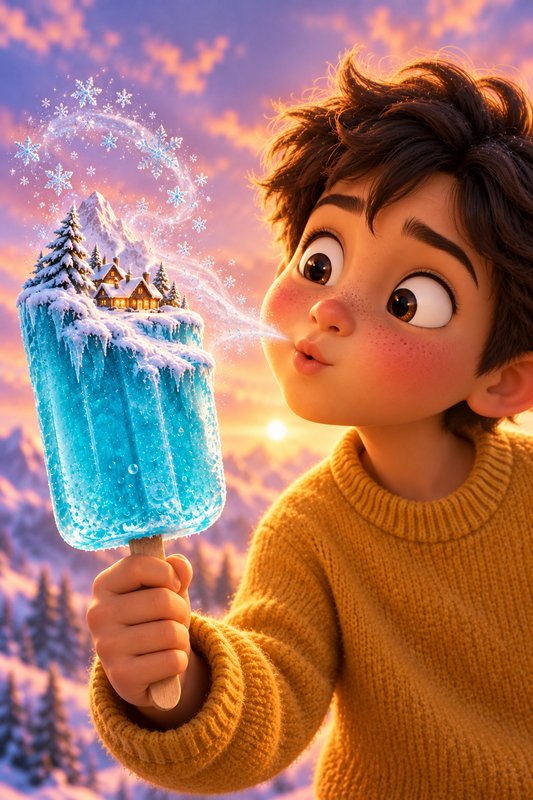Wide-eyed animated boy blows snowflakes onto a giant popsicle topped with a tiny winter mountain ...