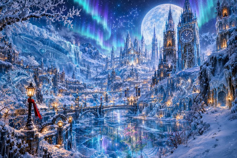 Glowing frozen fantasy ice kingdom rests under swirling aurora borealis and a bright full moon in...
