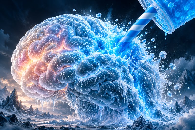 Giant glowing translucent brain being filled with blue slush through a striped straw above icy mo...