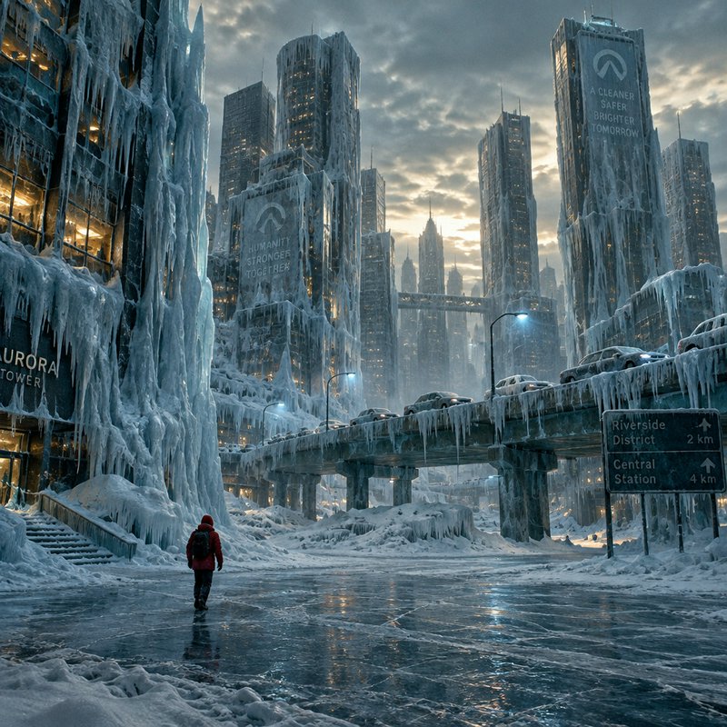 Lone backpacker in a red winter coat walks across ice in an iced-over abandoned futuristic skyscr...