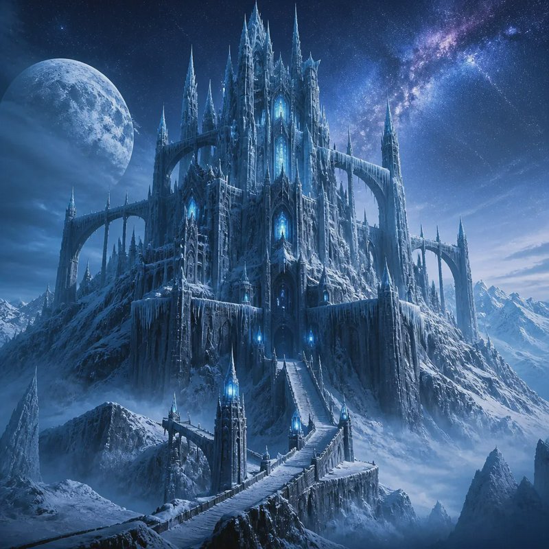 Grand gothic ice castle perched on a snowy mountain beneath a starry sky and large glowing moon