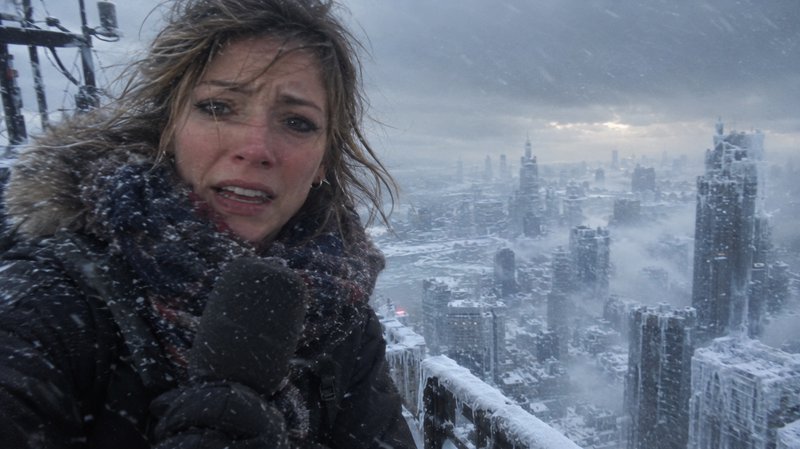 Distressed woman in winter gear stands on a high ledge overlooking a frozen snow-covered city dur...