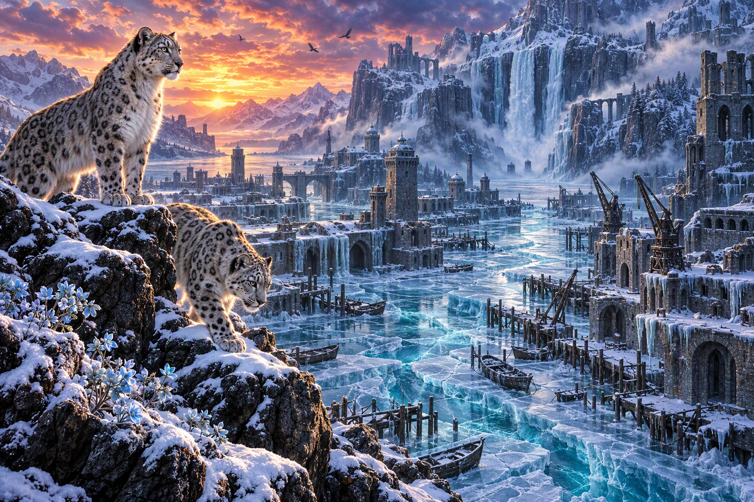 Two snow leopards stand on a snowy cliff overlooking a frozen fantasy medieval city at golden sunset