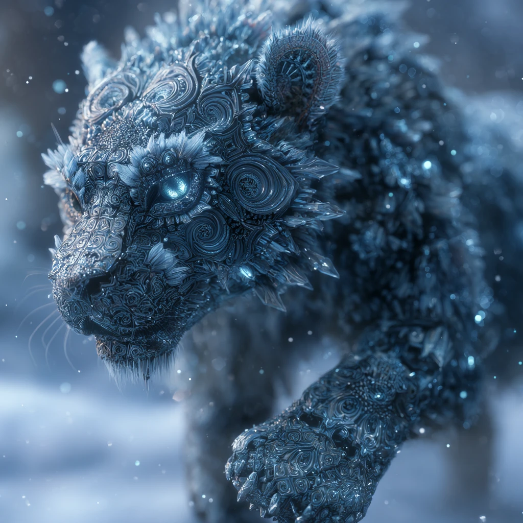 Intricate crystalline ice tiger prowls through gently falling snow in a frosty winter landscape
