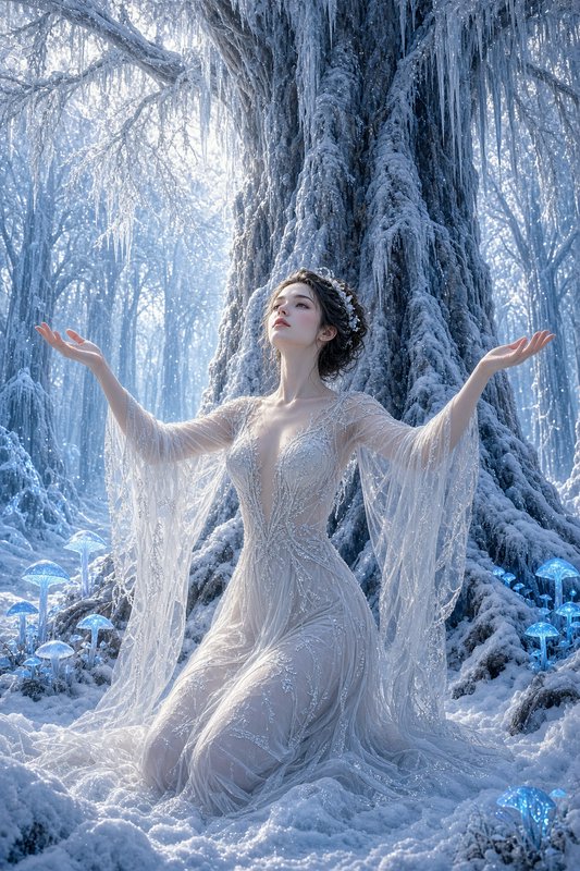 Ethereal winter goddess kneels with raised arms beneath a frost-covered ancient tree in an enchan...