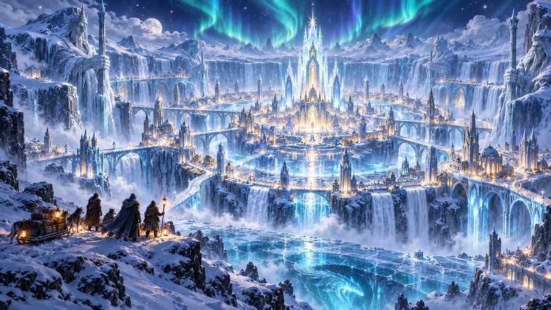 Travelers on a snowy cliff overlook a glowing frozen fantasy ice city under swirling northern lights