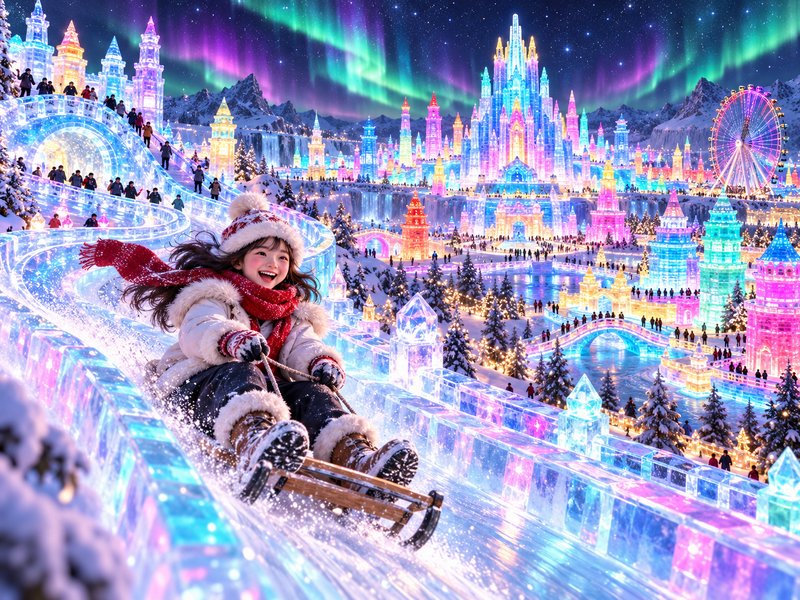 Smiling girl sleds down a glowing ice slide overlooking an illuminated ice city under northern li...