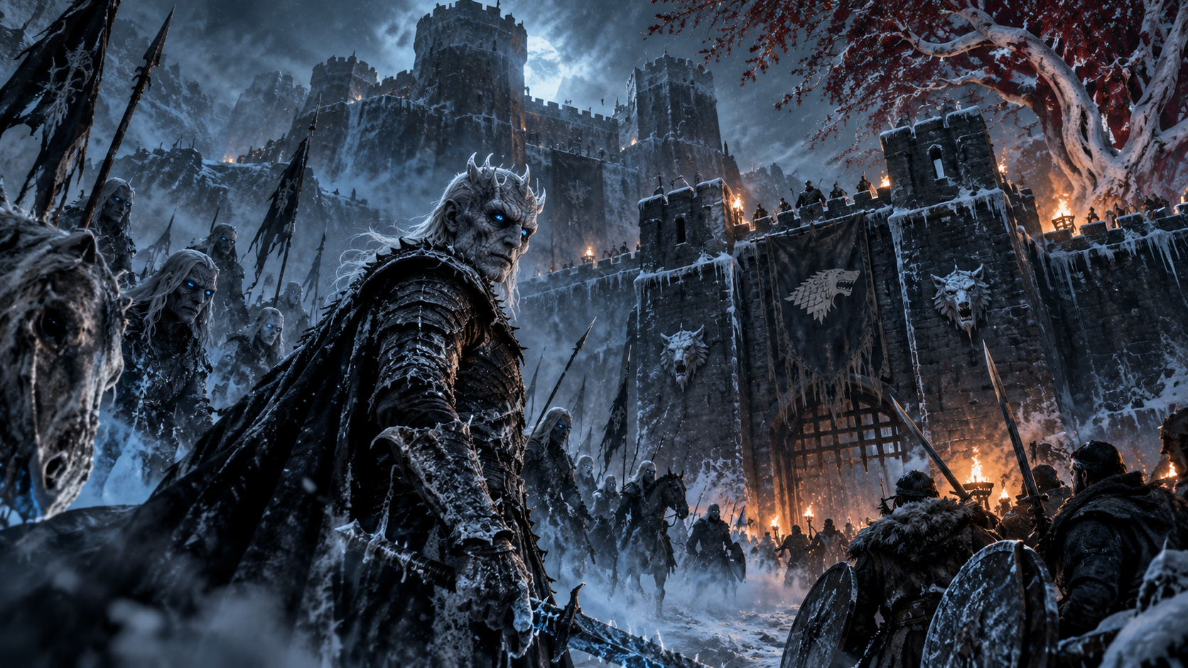 Night King leads a horde of White Walkers toward the icy fortified gates of Winterfell under a stormy snow sky