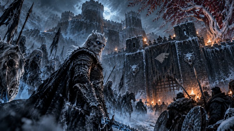 Night King leads a horde of White Walkers toward the icy fortified gates of Winterfell under a st...