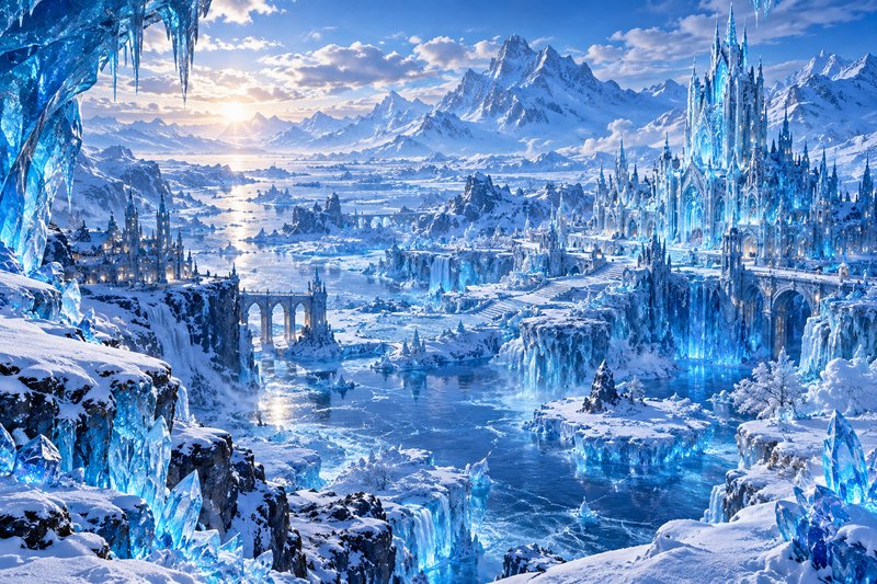Ornate glowing blue ice castle overlooks a vast frozen mountain valley at soft golden sunrise