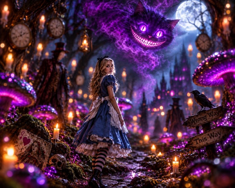 Alice stands on an enchanted forest path as the glowing purple Cheshire Cat floats above her in W...