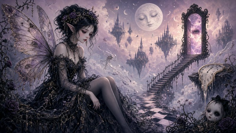 Melancholy gothic fairy sits in a surreal lavender dreamscape with floating castles and a sleepy ...