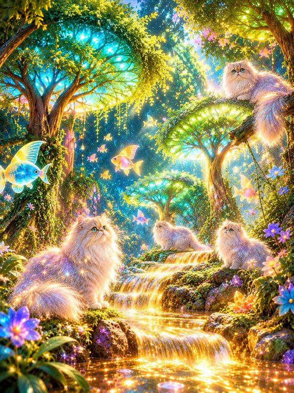 Glittery fluffy Persian cats gather by a glowing golden stream in a magical forest with floating ...