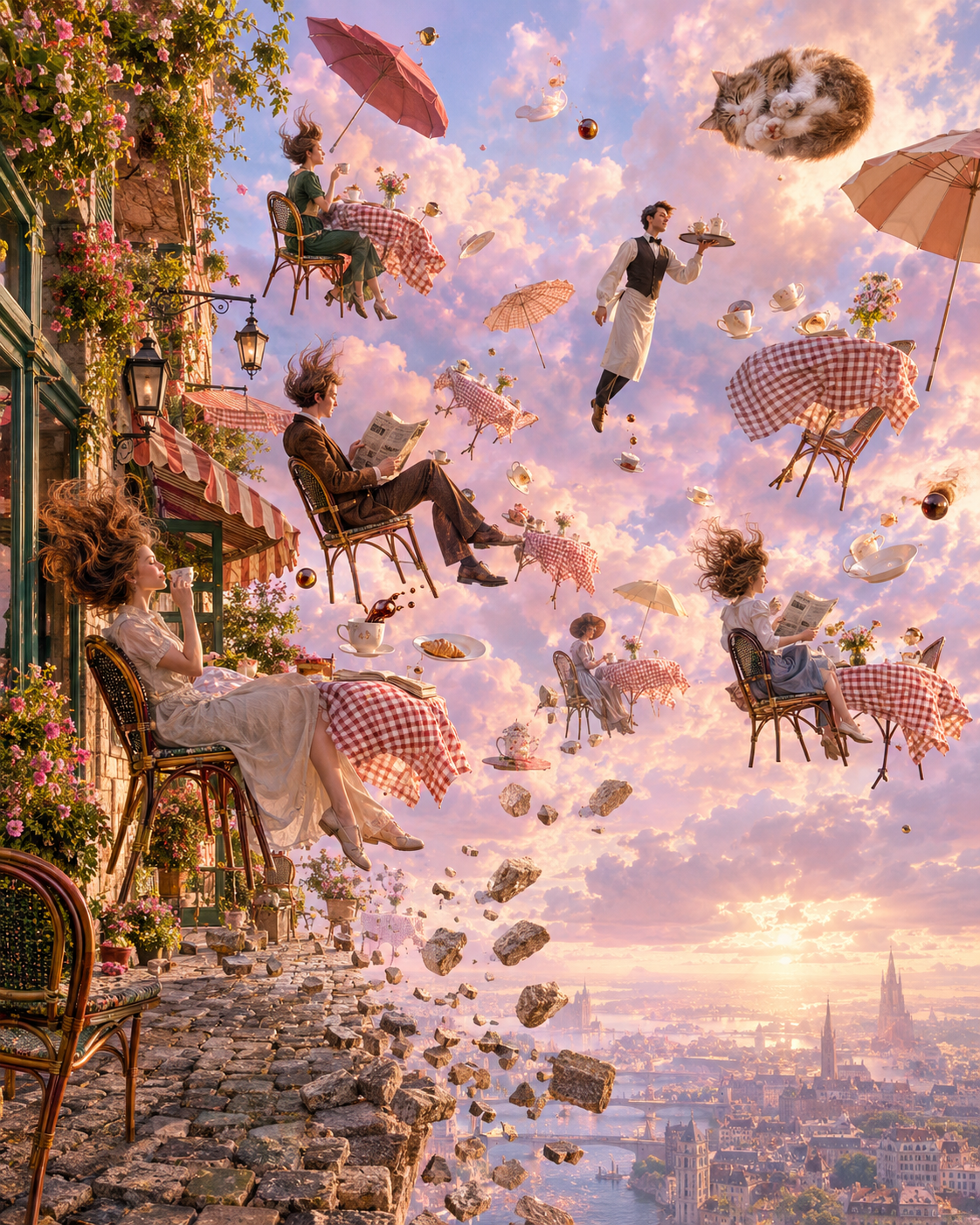 Surreal floating bistro patrons, tables, and a fluffy cat drift above a crumbling Parisian terrace at pastel sunset