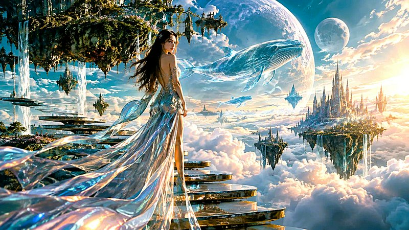 Ethereal fantasy woman in an iridescent gown stands on floating steps above a surreal sky kingdom...