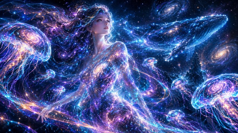 Ethereal translucent cosmic goddess floats in starry space alongside glowing jellyfish and a cele...